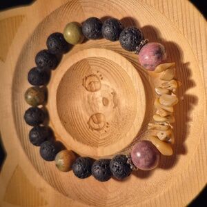 Unakite, rhodonite and bamboo jasper with lava beads